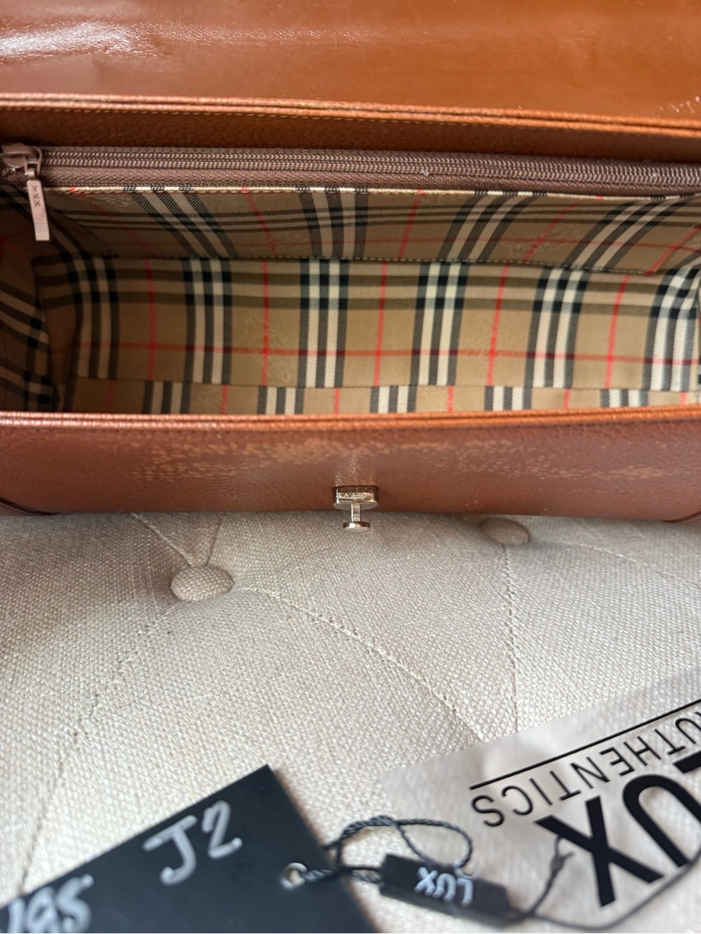 Vintage Burberrys Brown Pebbled Leather Top Handle Satchel Bag Check Lined - Picture 10 of 11